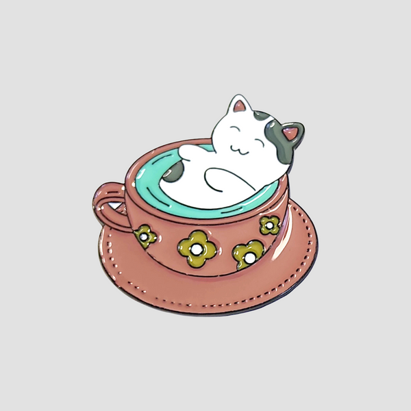 Cat in a Teacup Pin – Cute Kawaii Enamel Pin for Tea Lovers