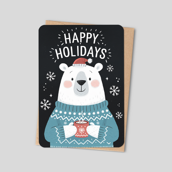 Cute Polar Bear "Happy Holidays" Card with Sweater & Hot Cocoa