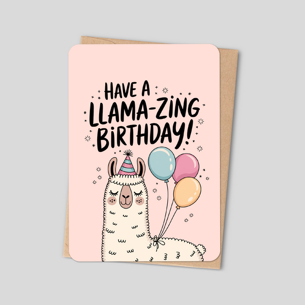 "Llama-zing Birthday" Cute Minimalist Birthday Card with Llama and Balloons