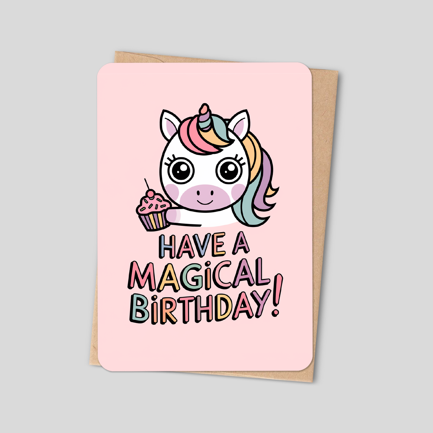 Magical Birthday Card with Cute Unicorn & Pastel Cupcake - Kawaii Greeting Card