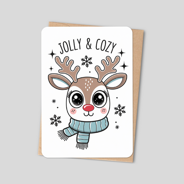 "Jolly & Cozy" Kawaii Reindeer Holiday Card with Scarf