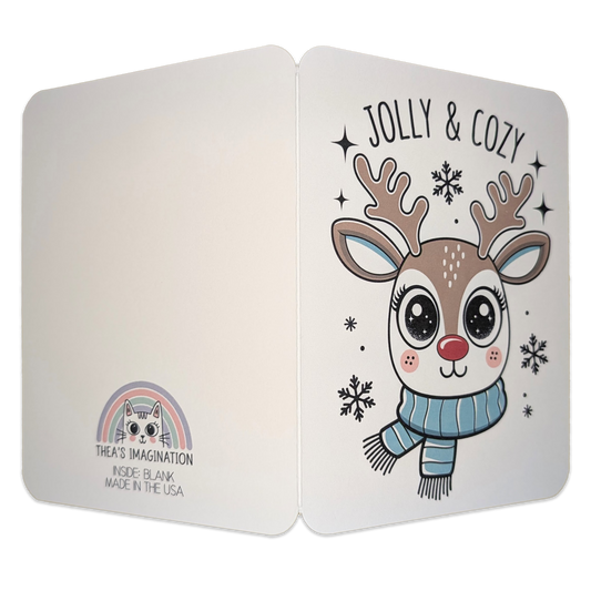 "Jolly & Cozy" Kawaii Reindeer Holiday Card with Scarf