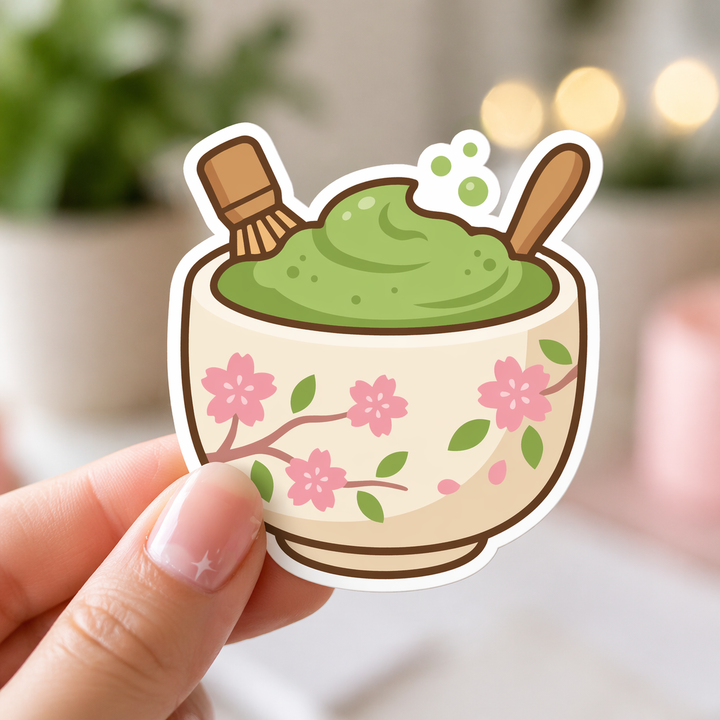 Cherry Blossom Matcha Bowl Sticker | Cute Tea Vinyl Sticker