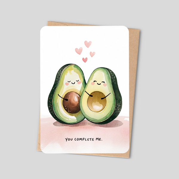 You Complete Me – Cute Kawaii Avocado Hug Greeting Card