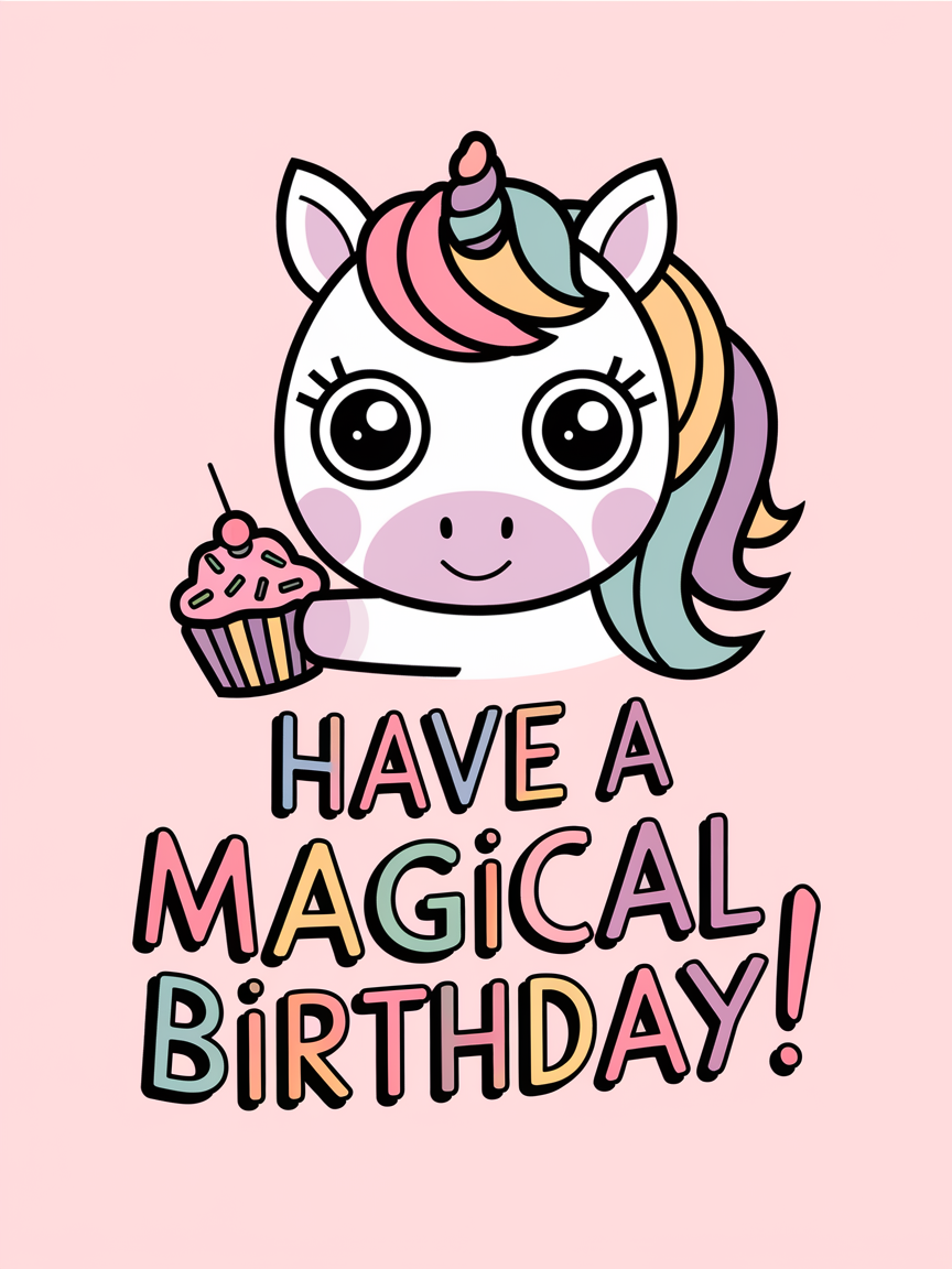 Magical Birthday Card with Cute Unicorn & Pastel Cupcake - Kawaii Greeting Card