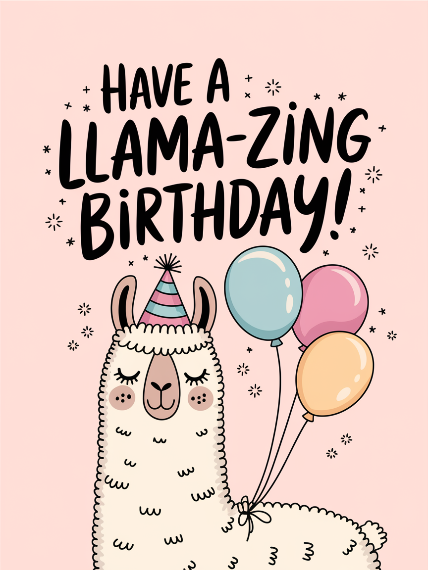 "Llama-zing Birthday" Cute Minimalist Birthday Card with Llama and Balloons