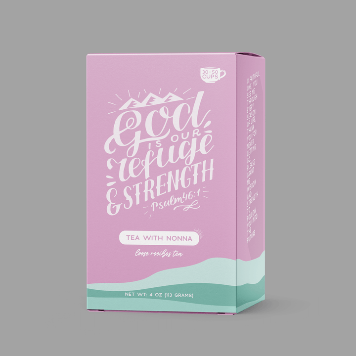 New Packaging! Check out our new box design! Flavor: Tea With Nonna (Caramel Rooibos Tea) - Psalm 46:1Description: What's more comforting than time with "Nonna." This beautifully crafted rooibos tea is robust with warm notes of caramel and hints of almond